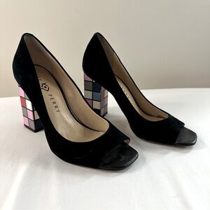 Katy Perry Caitlin Black Suede Multi Colored Rubix Cube Heel size 8.5